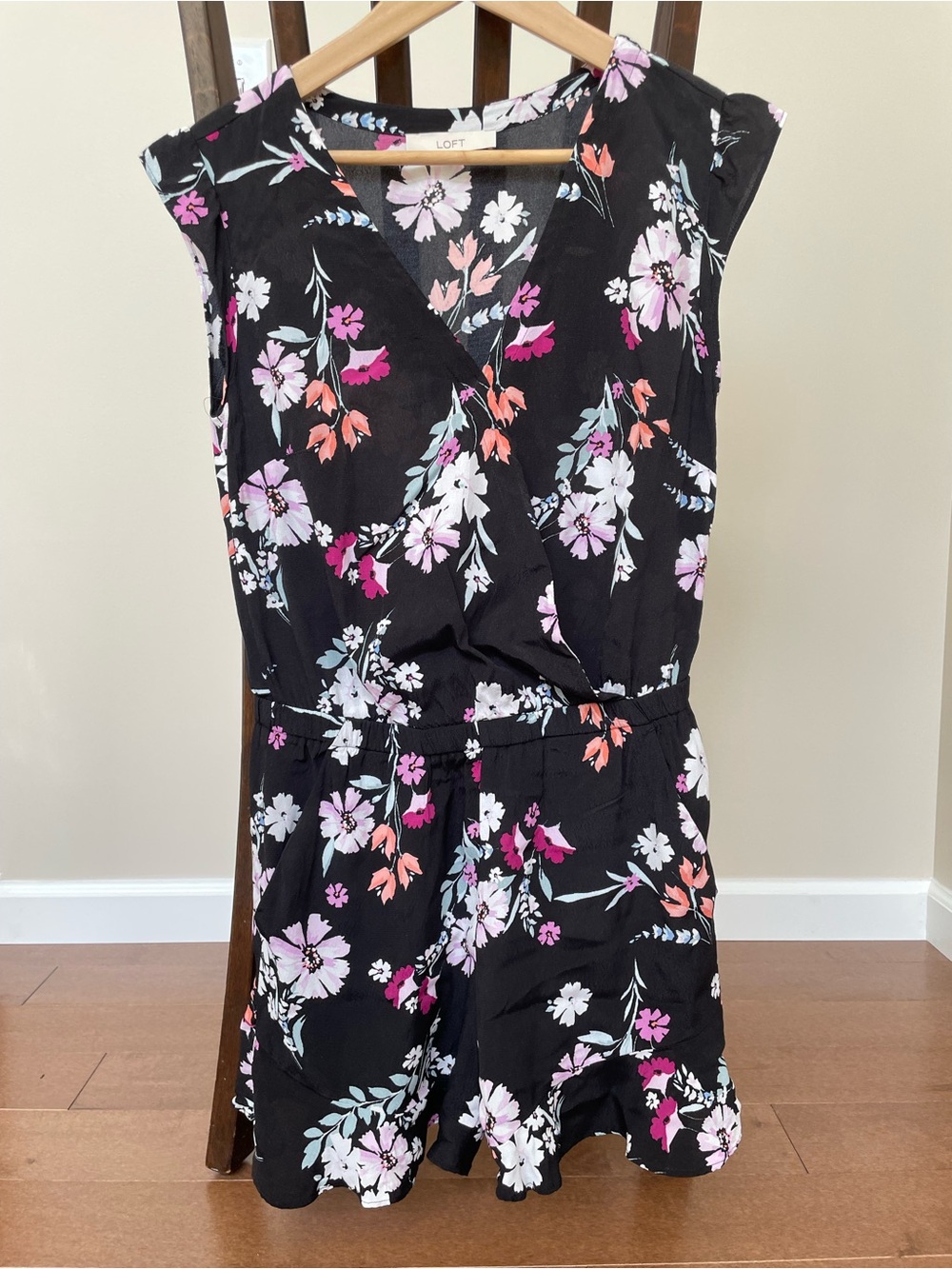 LOFT Black Floral Wrap Romper with Pink & White Blooms